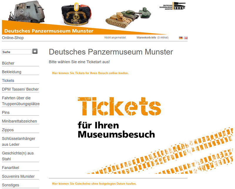 Tickets und Andenken können im Onlineshop erworben werden